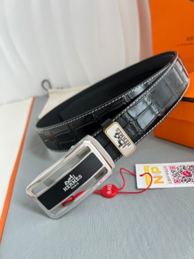 Buy Replica - Hermes  Black Leather Belt  Alligator Pattern with Silver buckle Automatic Buckle  3.5cm